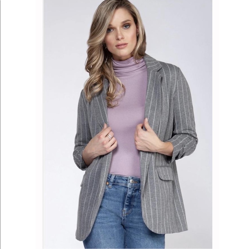 Black Tape Ruched Gray Stripe Blazer